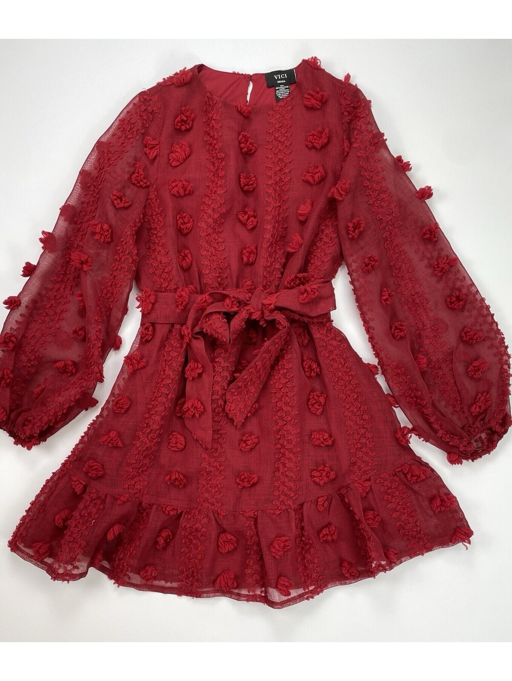 VICI Collection Burgundy Red Pom Pom Clip Dot Mini Dress Long Balloon Sleeve S